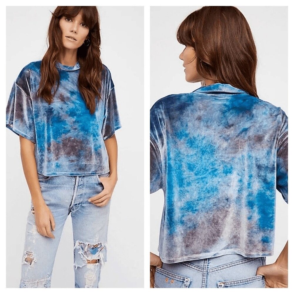 We The Free Need You Velour Velvet Mock Neck Tee Blue Tie Dye Size Large